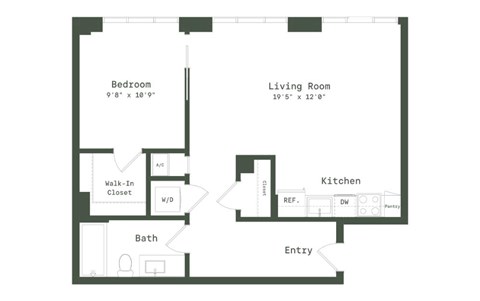Floor plan for 1 bed, 1 bath, 739 sqft